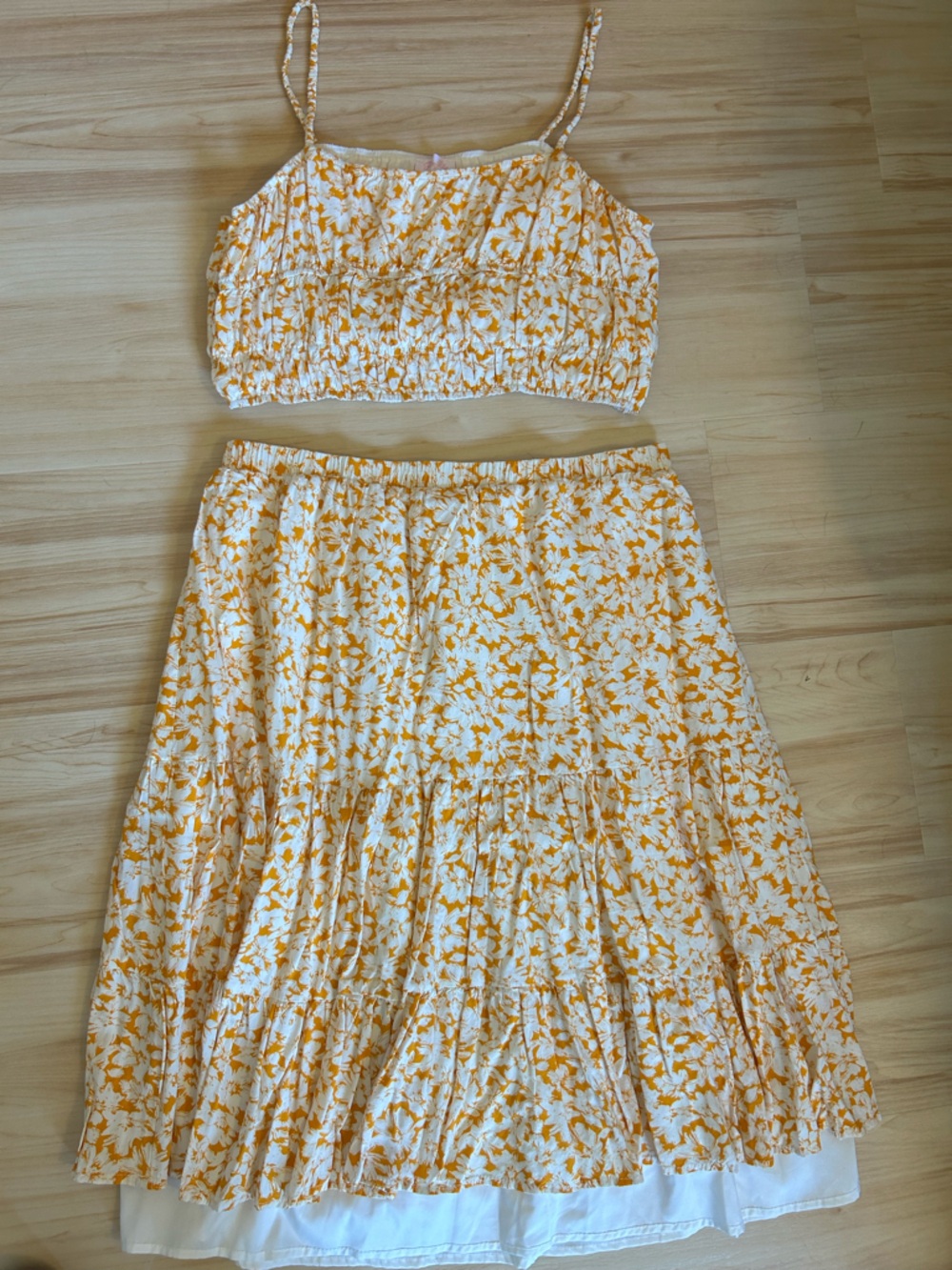 NWOT pink lily two piece yellow sunflower print skirt and top